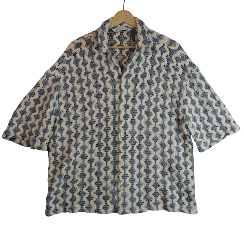 Zara Crochet Textured Open Knit Shirt Mens L Blue White Woven Button Down Cabana